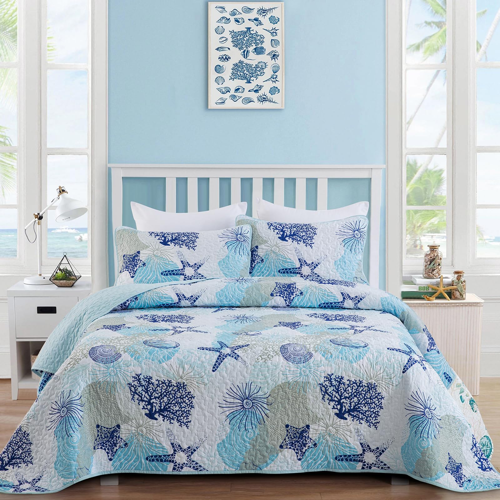 Dinjoy Coastal Quilt Set Full Size, Blue Ocean Beach Themed Bedding Set Coral Seashell Conch Starfish Pattern Microfiber Lightwe
